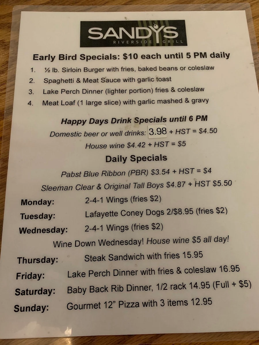Menu, Sandy's Riverside Grill