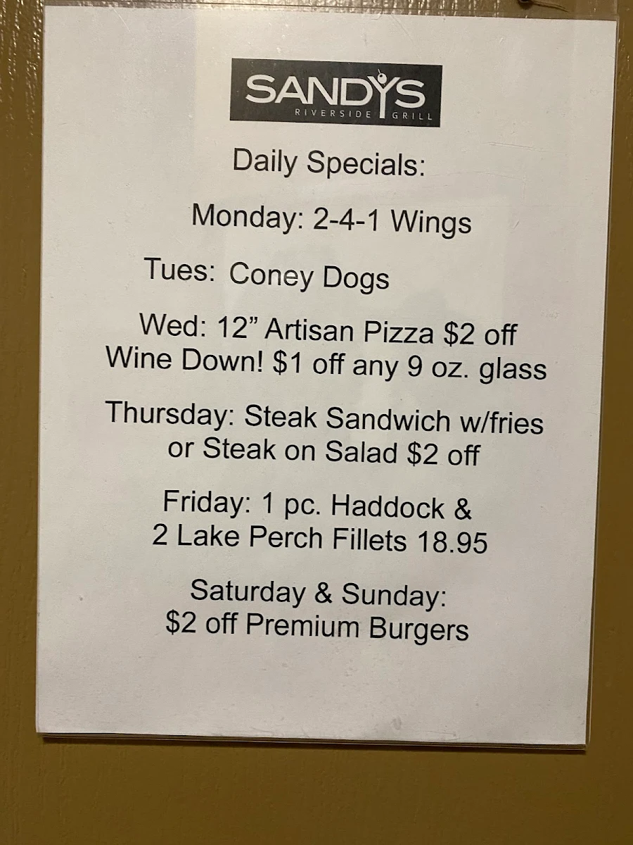 Menu, Sandy's Riverside Grill