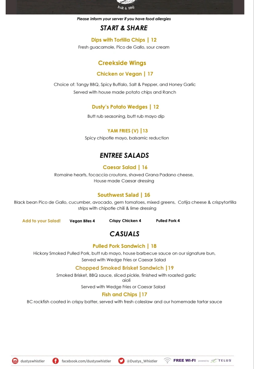 Menu, Dusty's Bar & BBQ