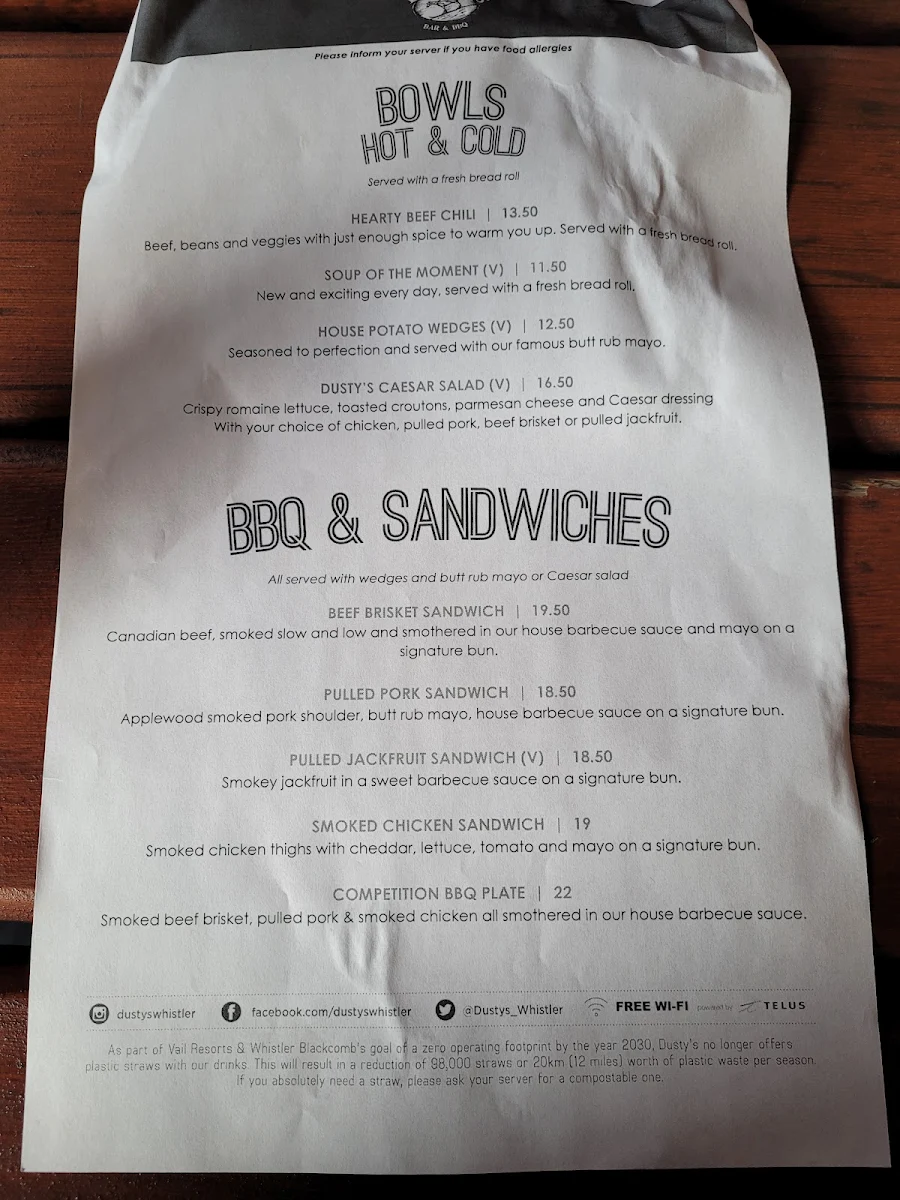 Menu, Dusty's Bar & BBQ