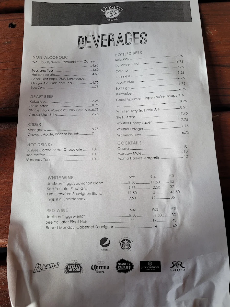 Menu, Dusty's Bar & BBQ