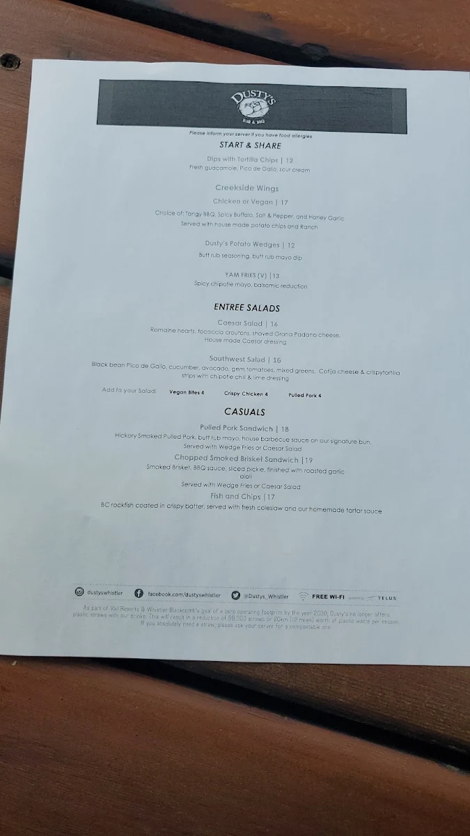 Menu, Dusty's Bar & BBQ