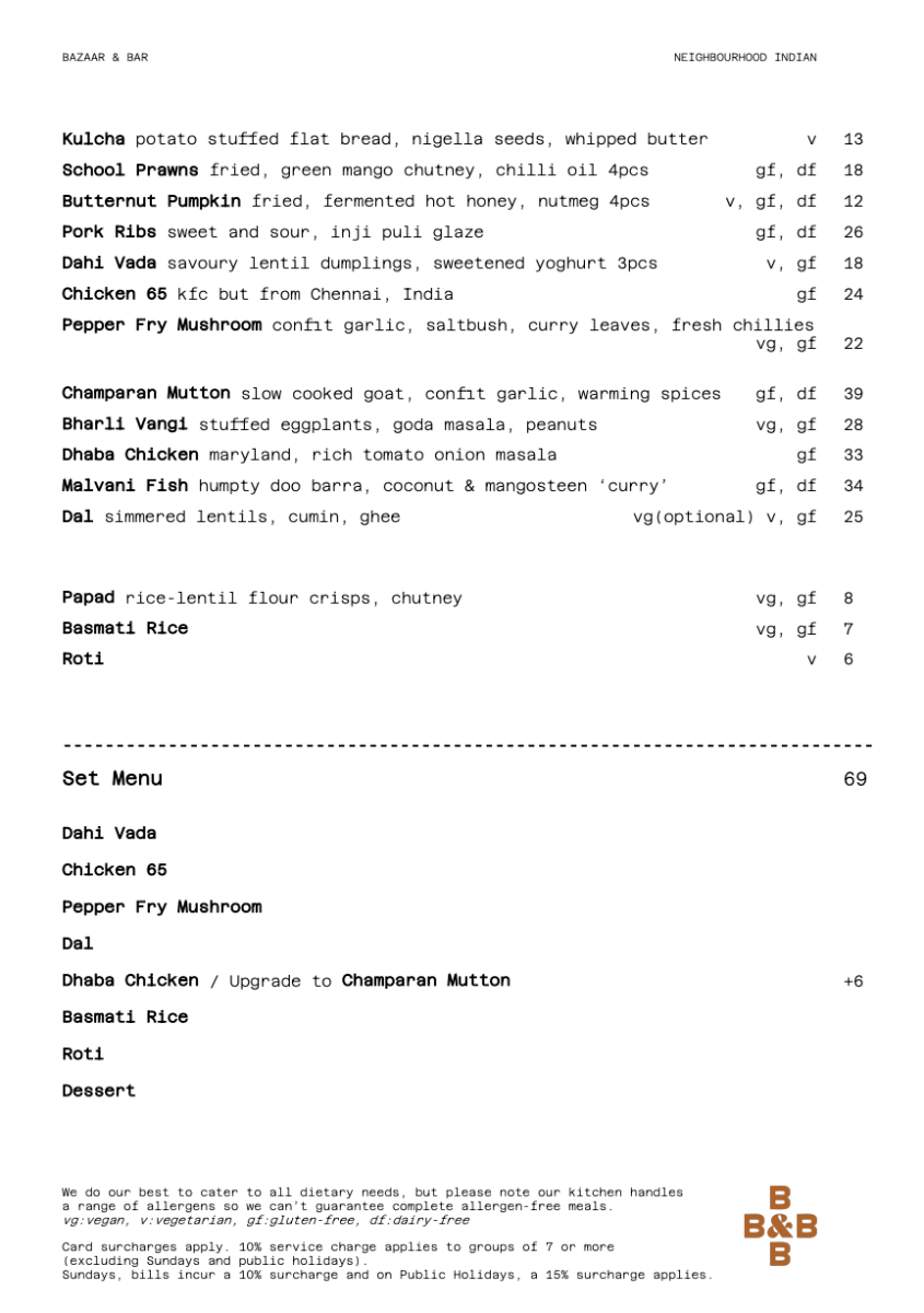 Menu, Bazaar & Bar