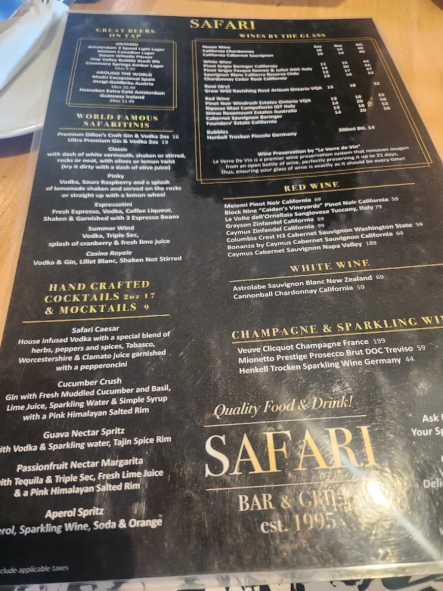 Menu, Safari Bar and Grill 1749 Avenue Rd