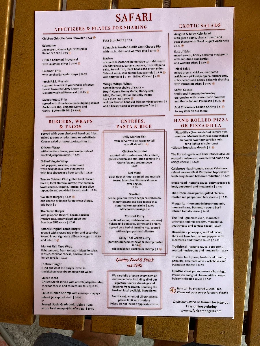 Menu, Safari Bar and Grill 1749 Avenue Rd