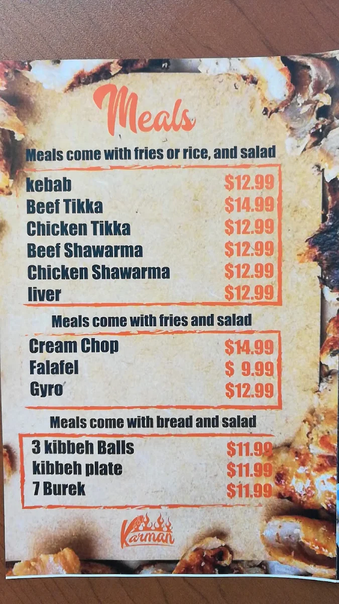 Menu, Karraman Restaurant
