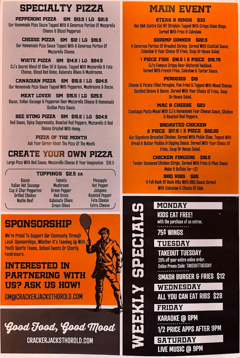 Menu, Cracker Jack's Bar & Grill