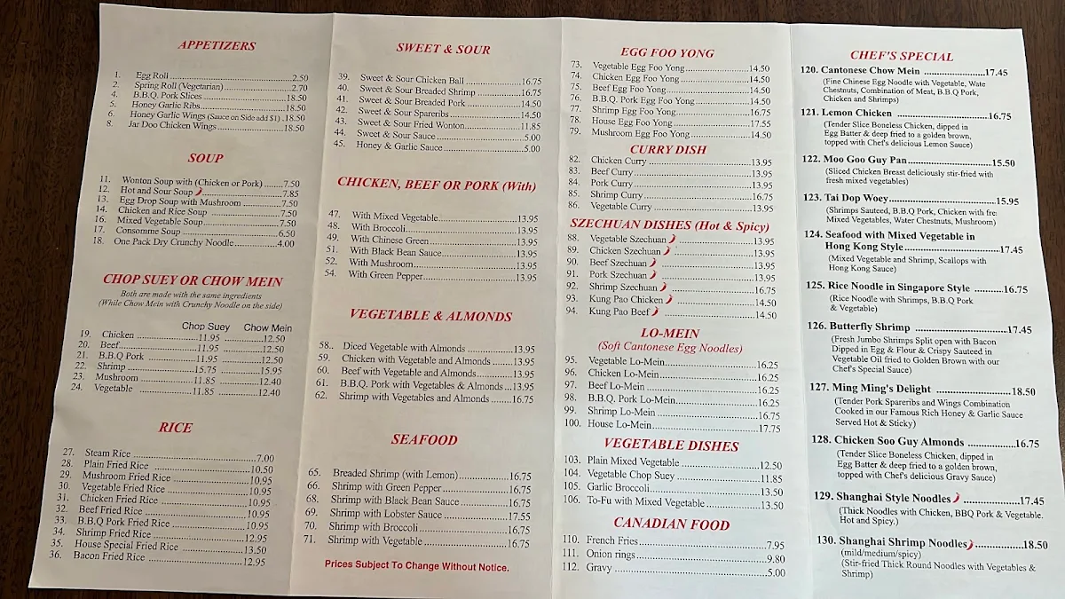 Menu, Ming Ming Chinese Food Restaurant