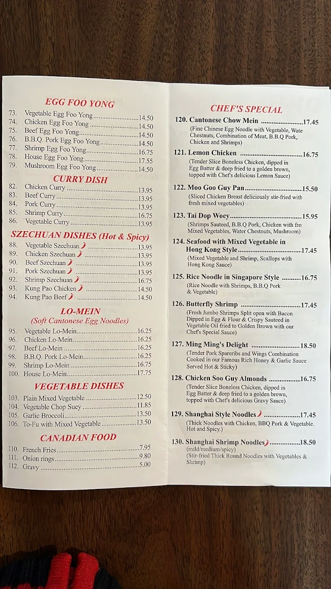 Menu, Ming Ming Chinese Food Restaurant