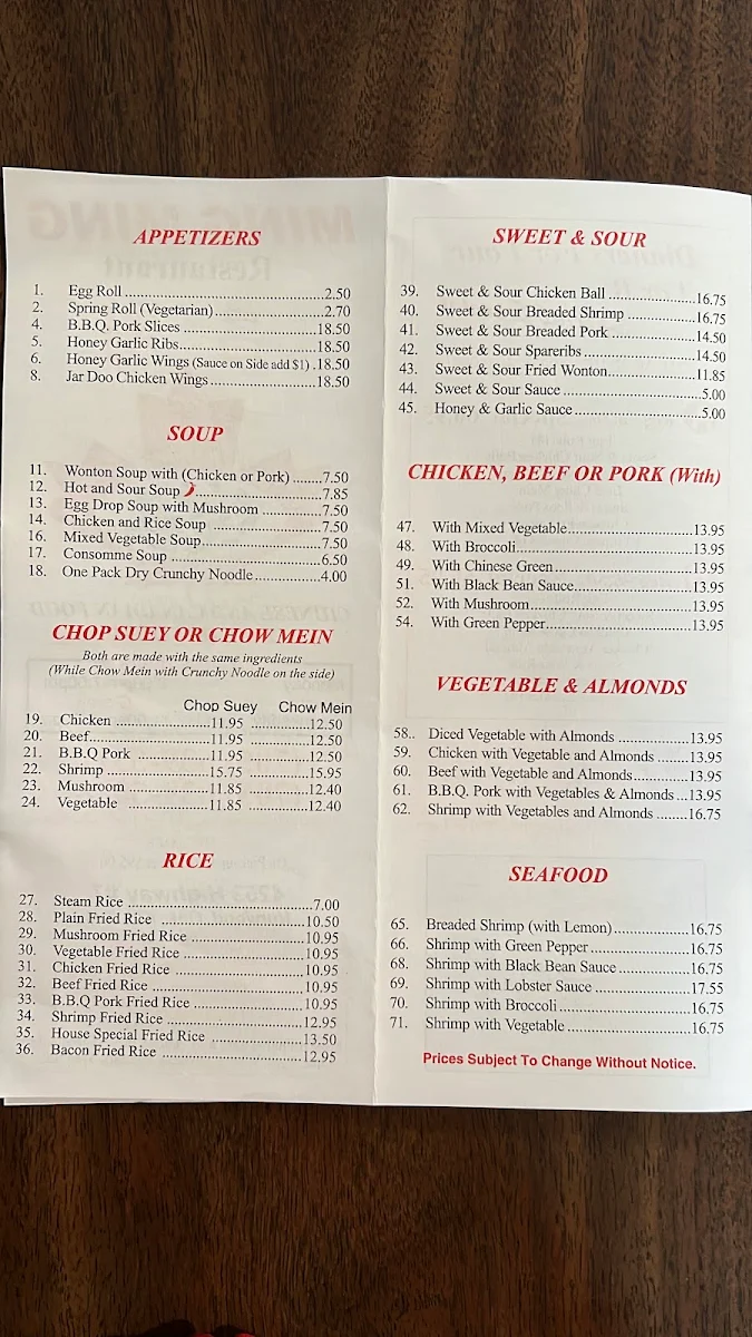 Menu, Ming Ming Chinese Food Restaurant