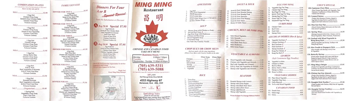 Menu, Ming Ming Chinese Food Restaurant