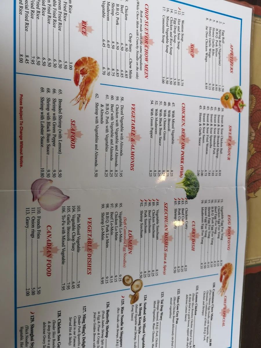 Menu, Ming Ming Chinese Food Restaurant