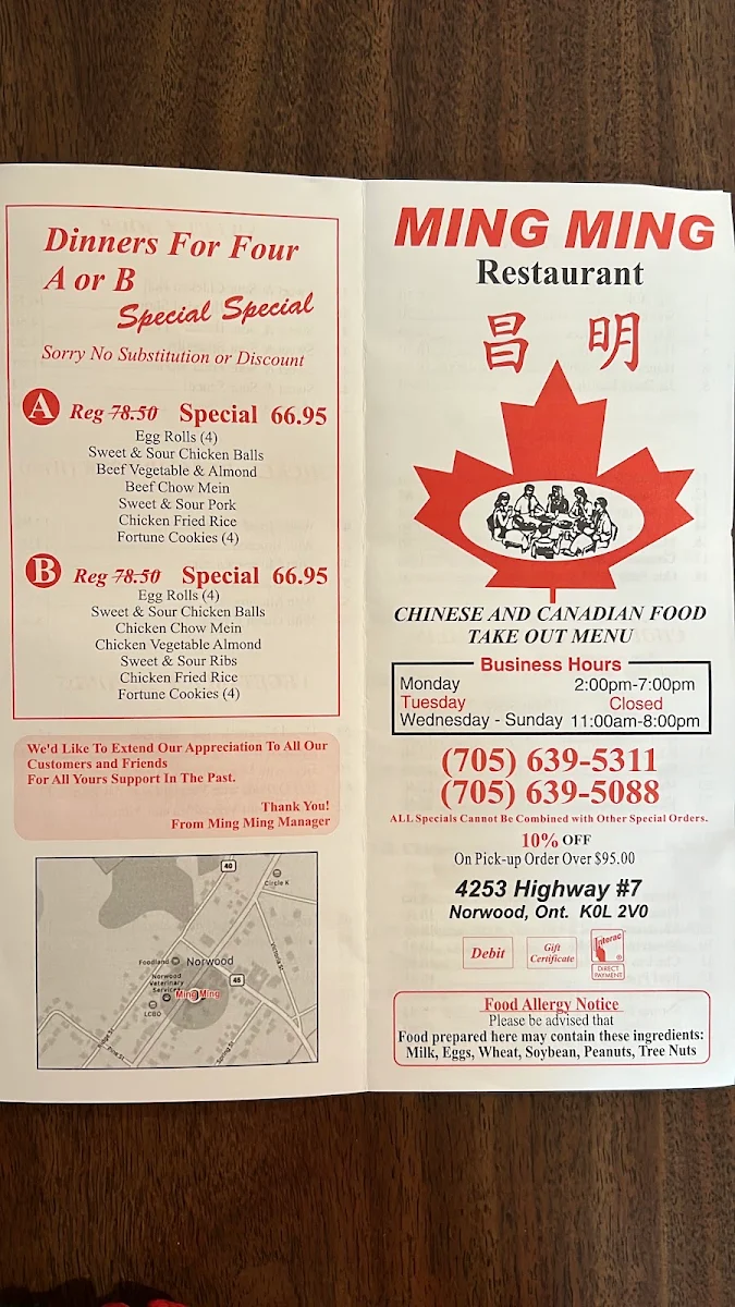 Menu, Ming Ming Chinese Food Restaurant