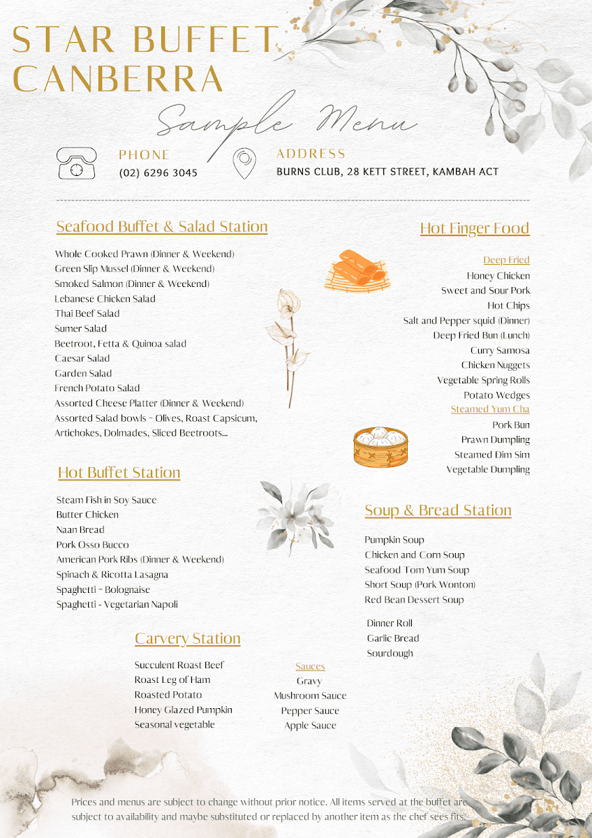 Menu, Star Buffet Canberra