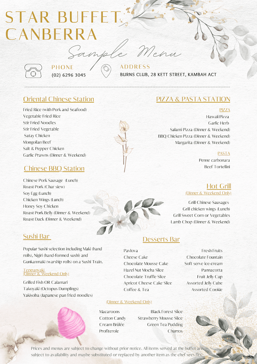 Menu, Star Buffet Canberra