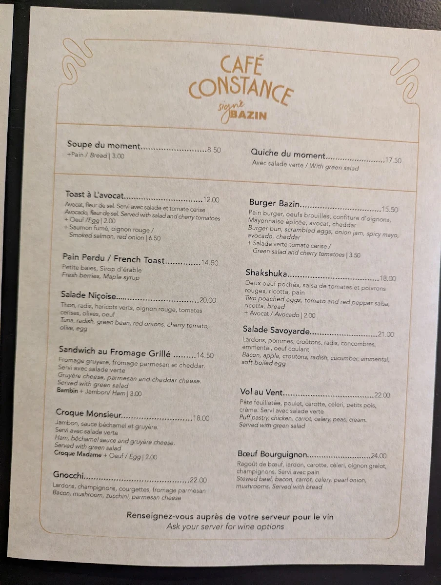Menu, Café Constance signé BAZIN