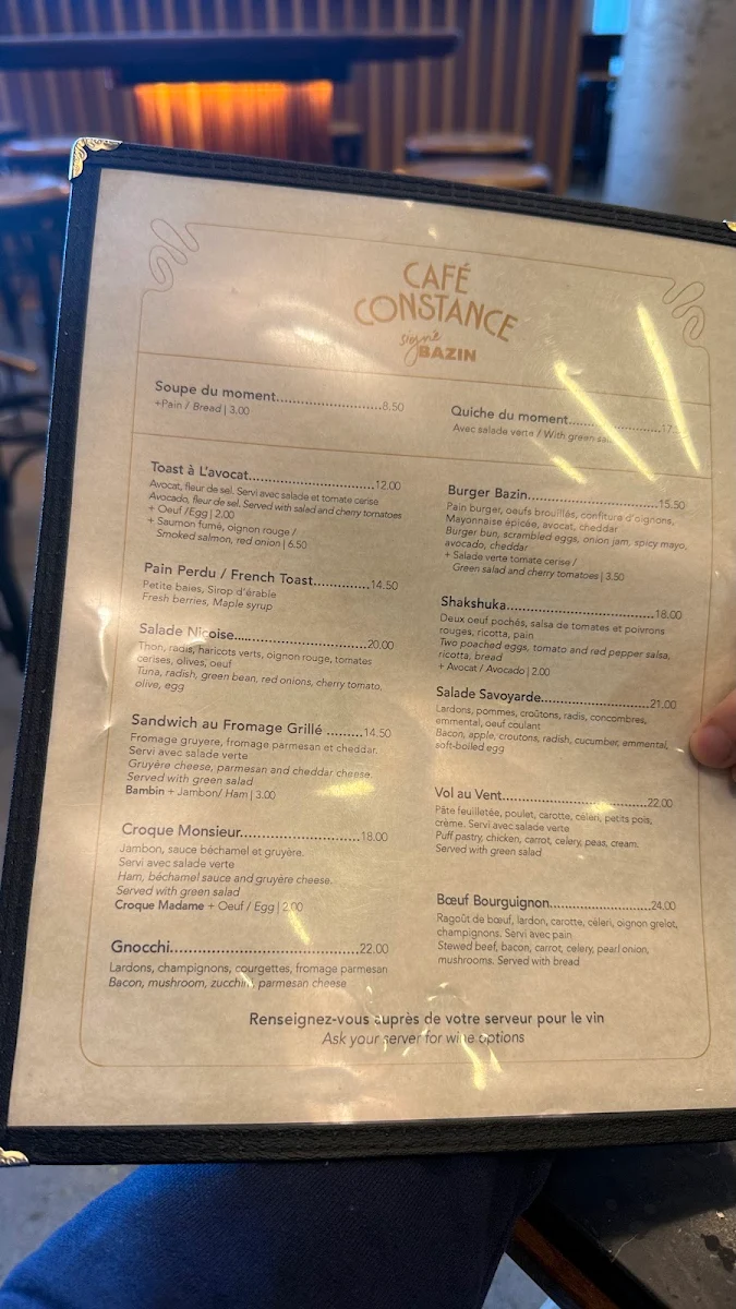 Menu, Café Constance signé BAZIN