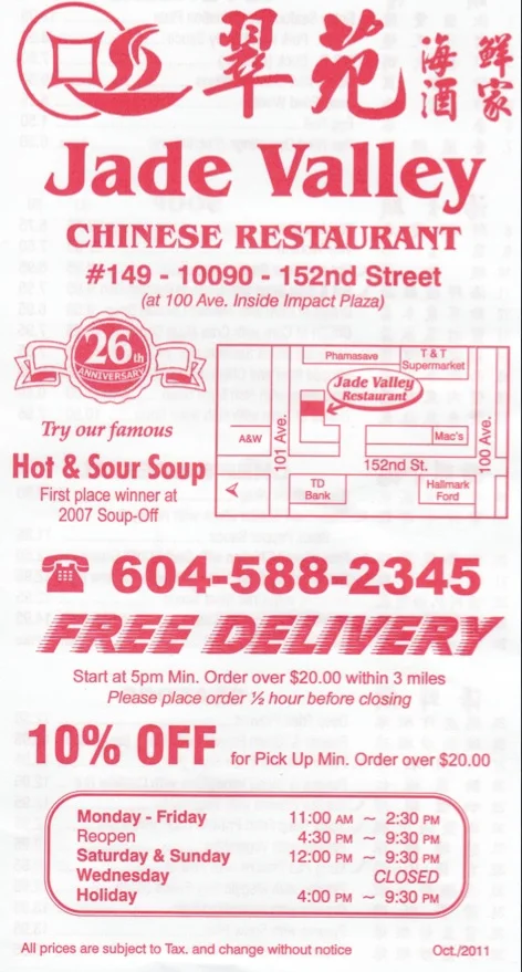 Menu, Jade Valley Chinese Restaurant