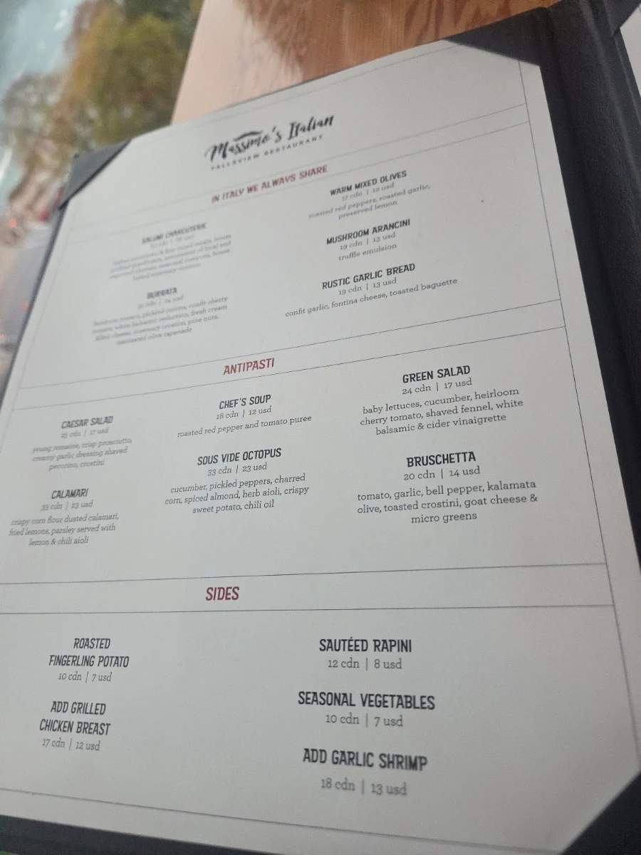 Menu, Massimo’s Italian Fallsview Restaurant