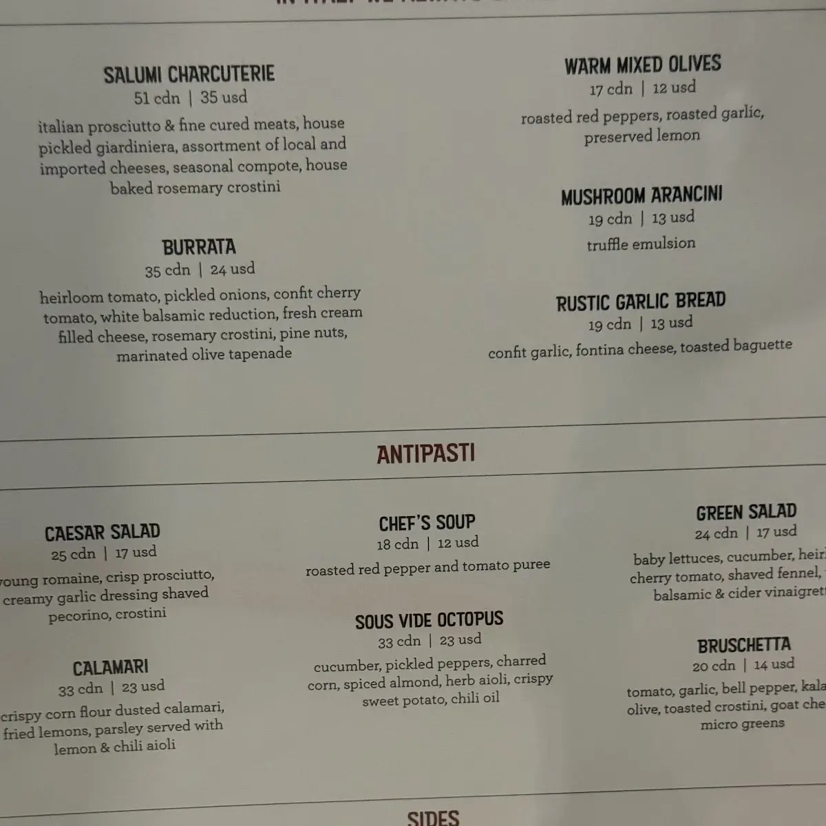 Menu, Massimo’s Italian Fallsview Restaurant