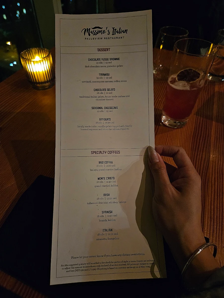 Menu, Massimo’s Italian Fallsview Restaurant