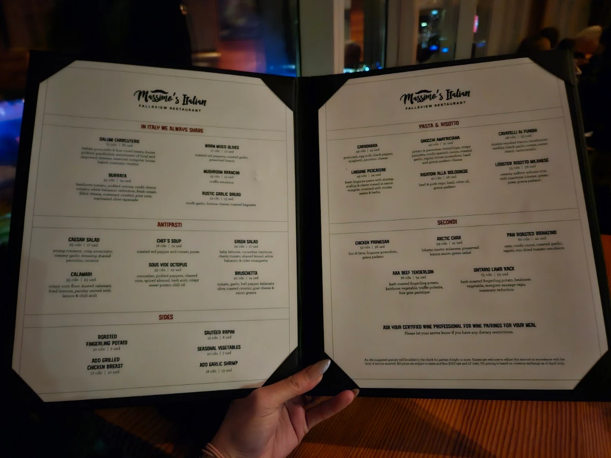 Menu, Massimo’s Italian Fallsview Restaurant