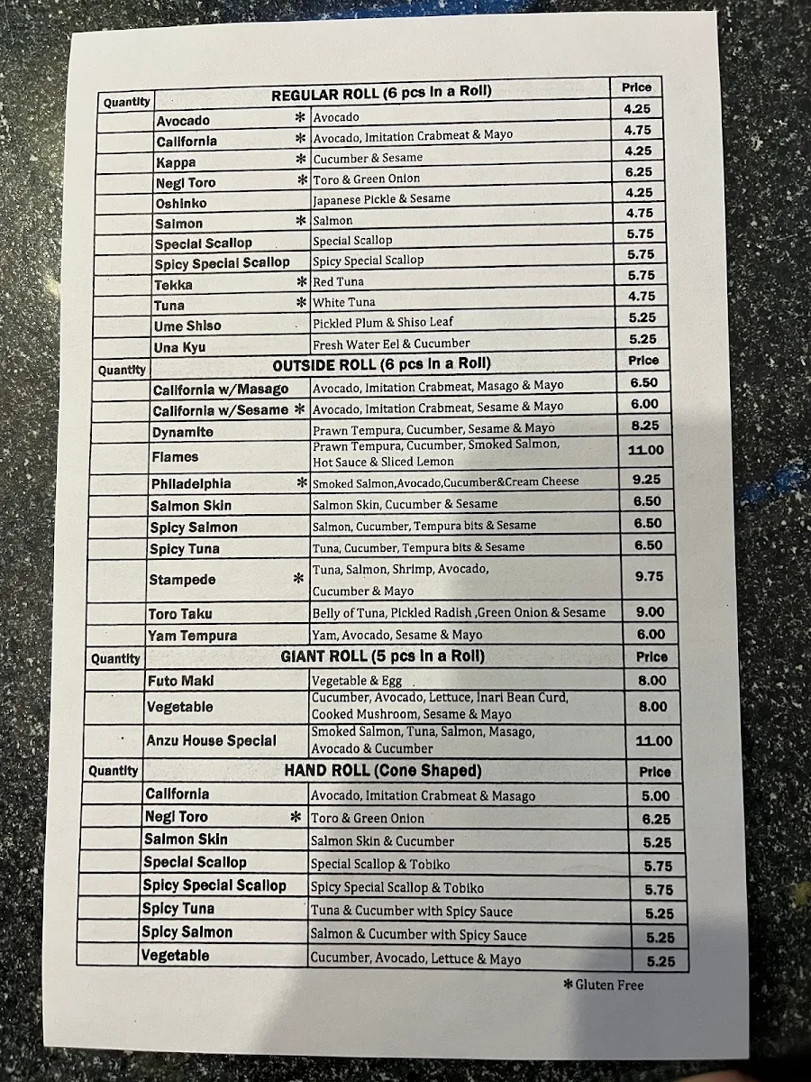 Menu, Sushi Bistro Anzu