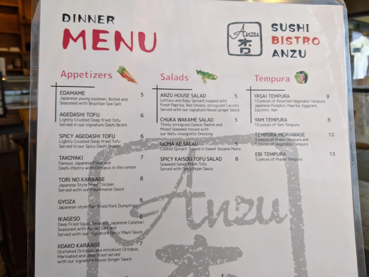 Menu, Sushi Bistro Anzu