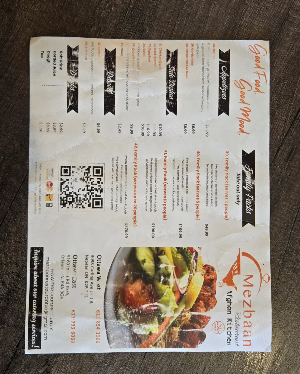 Menu, Mezbaan Restaurant