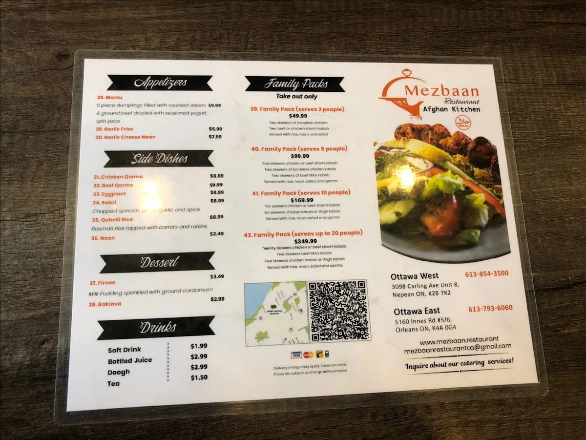 Menu, Mezbaan Restaurant