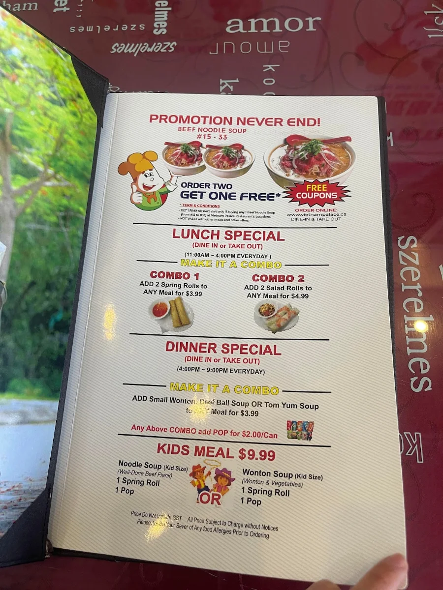 Menu, Vietnam Palace Grill & Noodle House