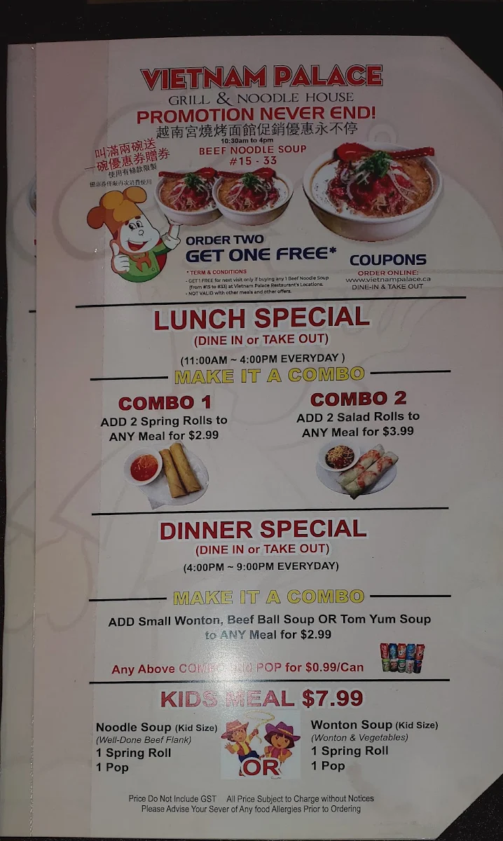 Menu, Vietnam Palace Grill & Noodle House