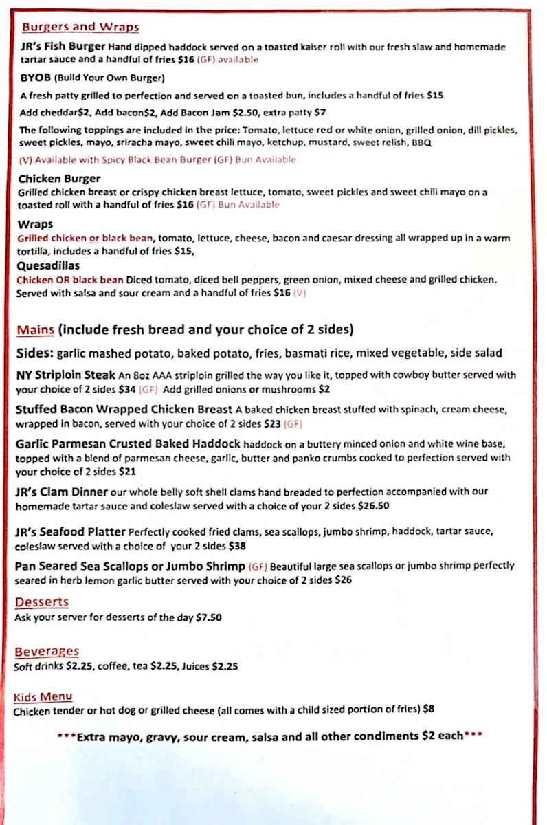 Menu, Jolly Rogers Grill