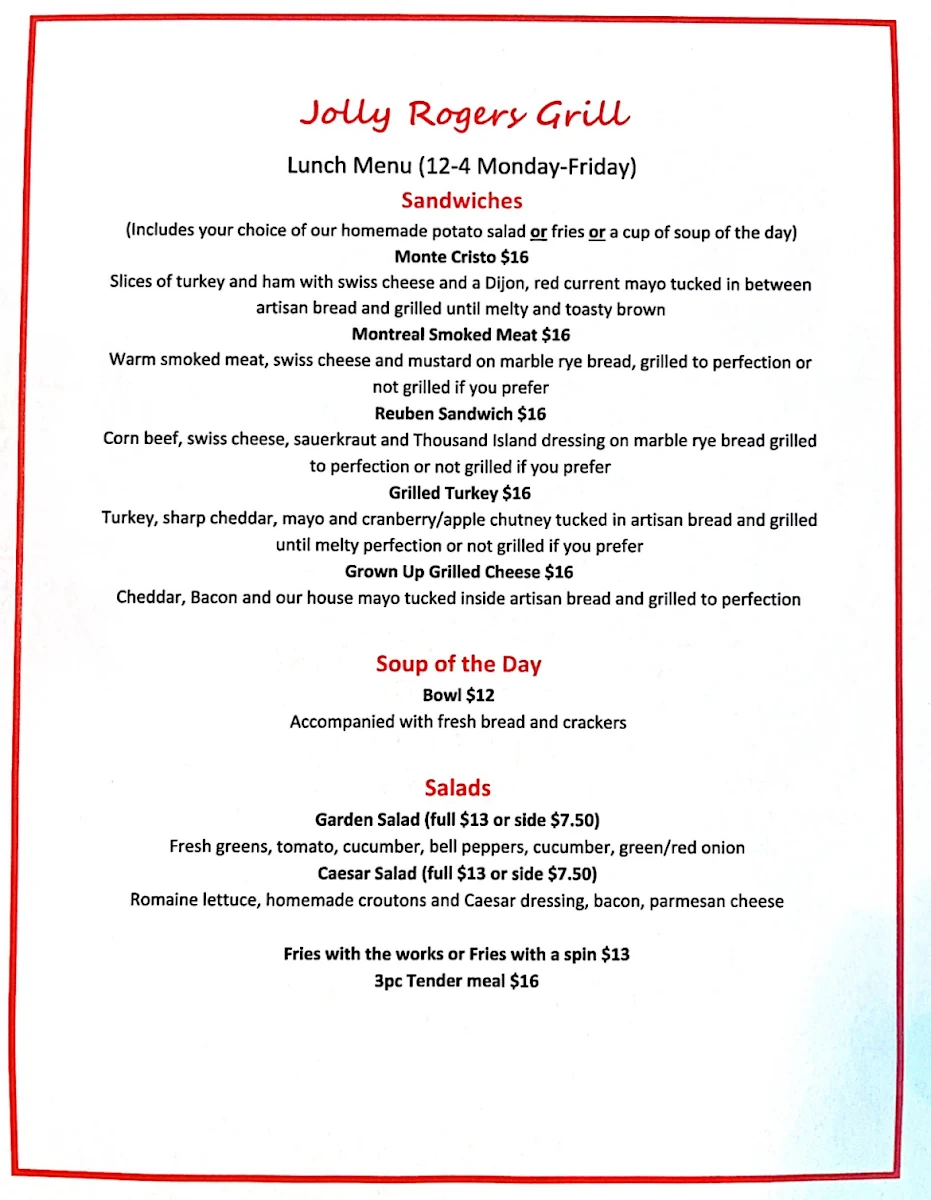 Menu, Jolly Rogers Grill