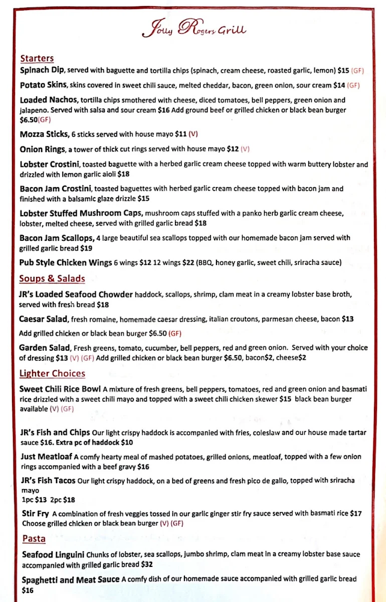 Menu, Jolly Rogers Grill