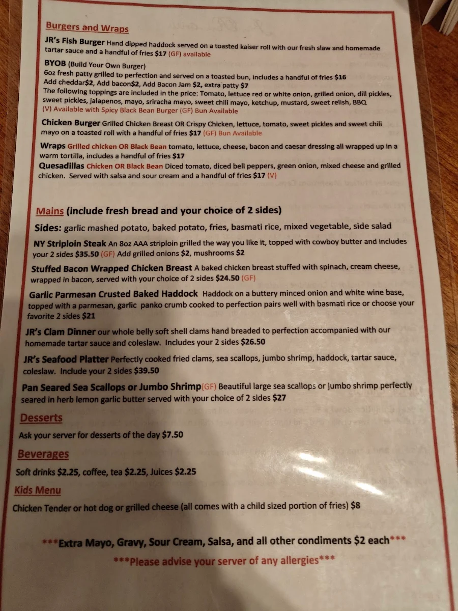 Menu, Jolly Rogers Grill