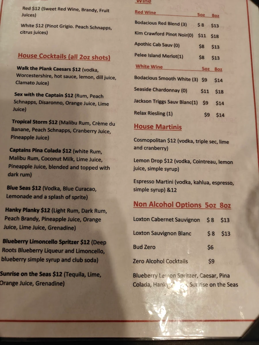 Menu, Jolly Rogers Grill