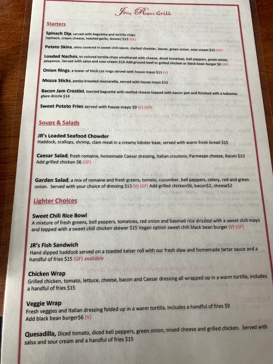 Menu, Jolly Rogers Grill