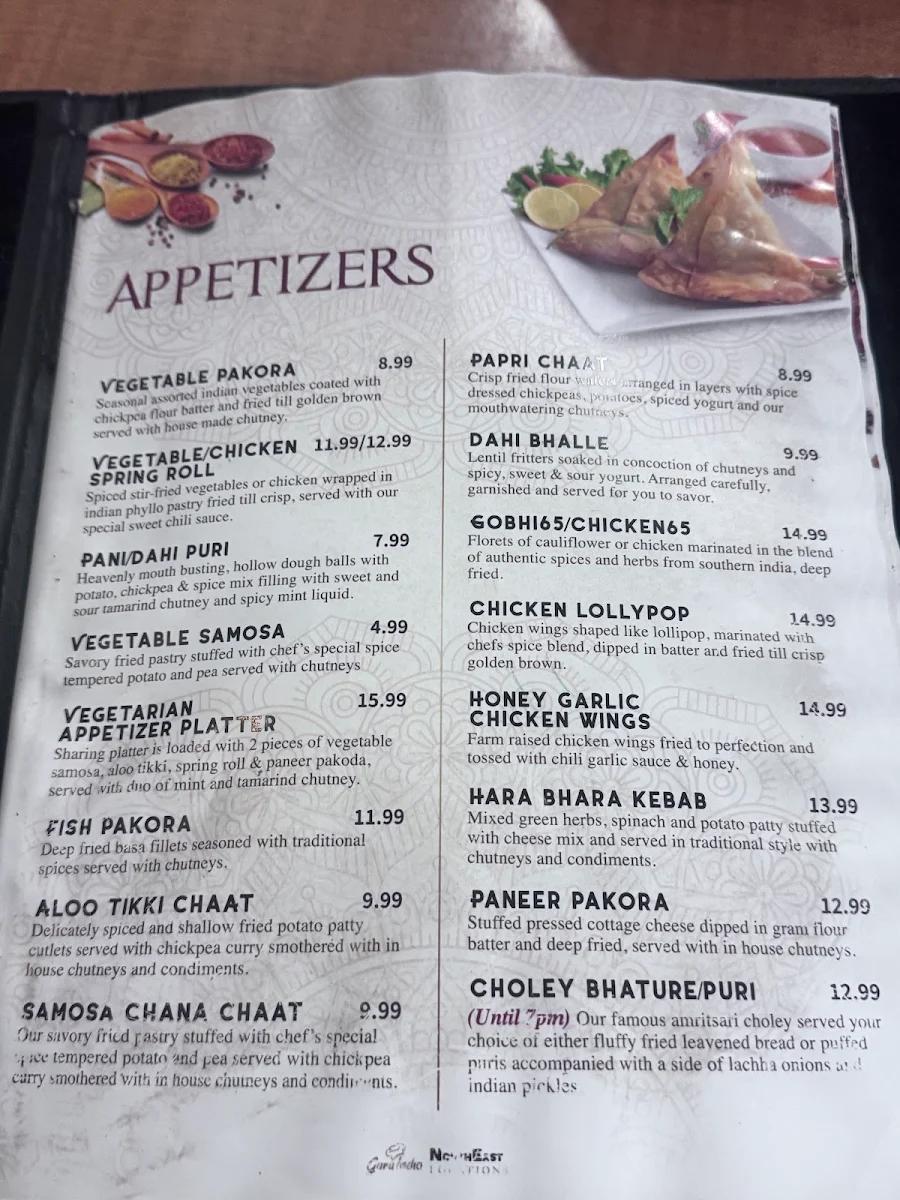 Menu, Guru india restaurant