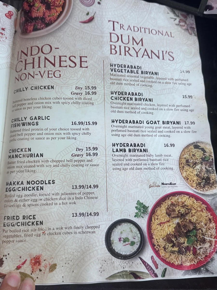 Menu, Guru india restaurant