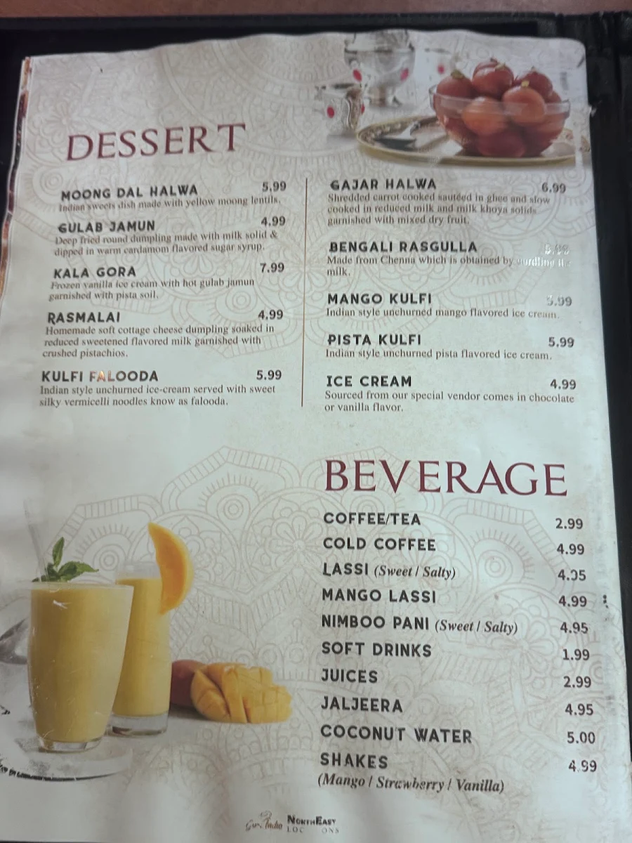 Menu, Guru india restaurant