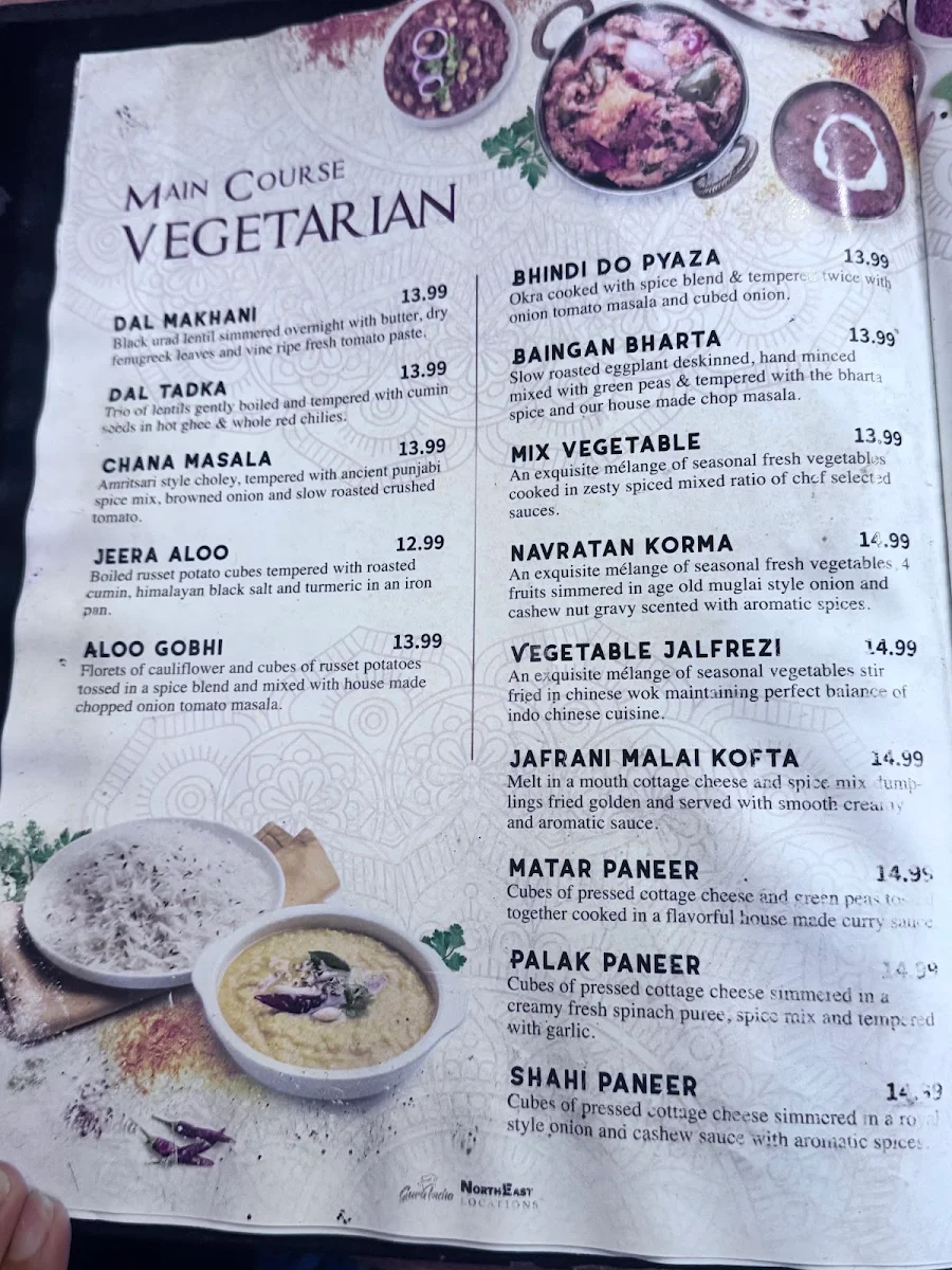 Menu, Guru india restaurant