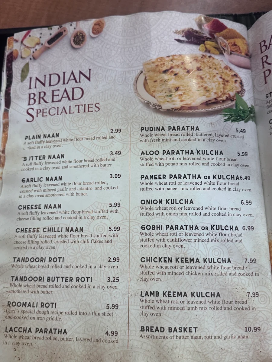 Menu, Guru india restaurant