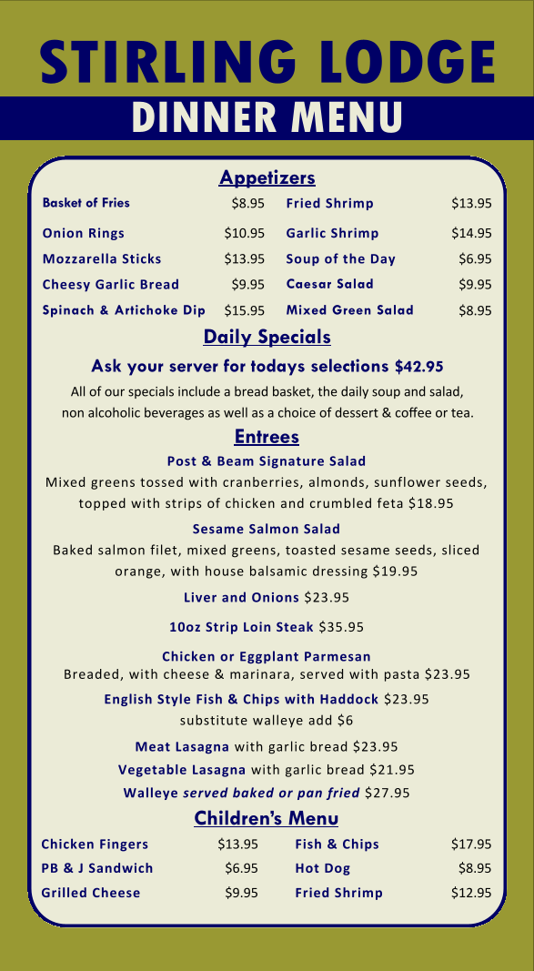 Menu, Post & Beam Restaurant