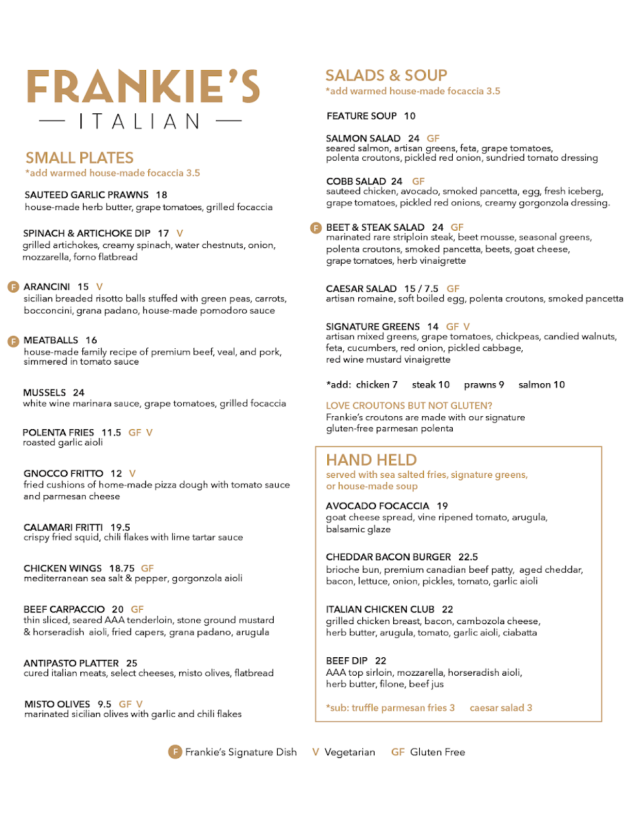 Menu, Frankie's Italian Winnipeg
