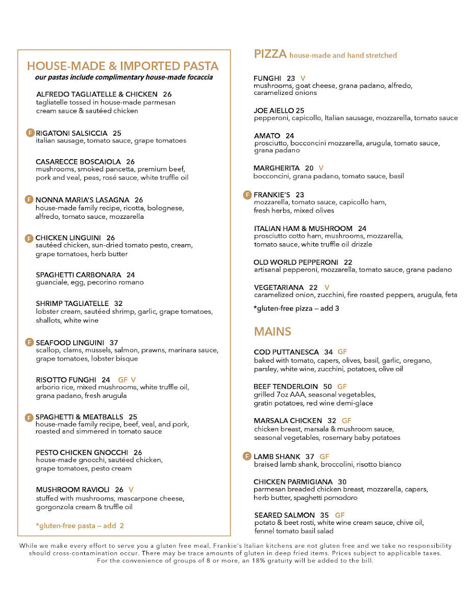 Menu, Frankie's Italian Winnipeg