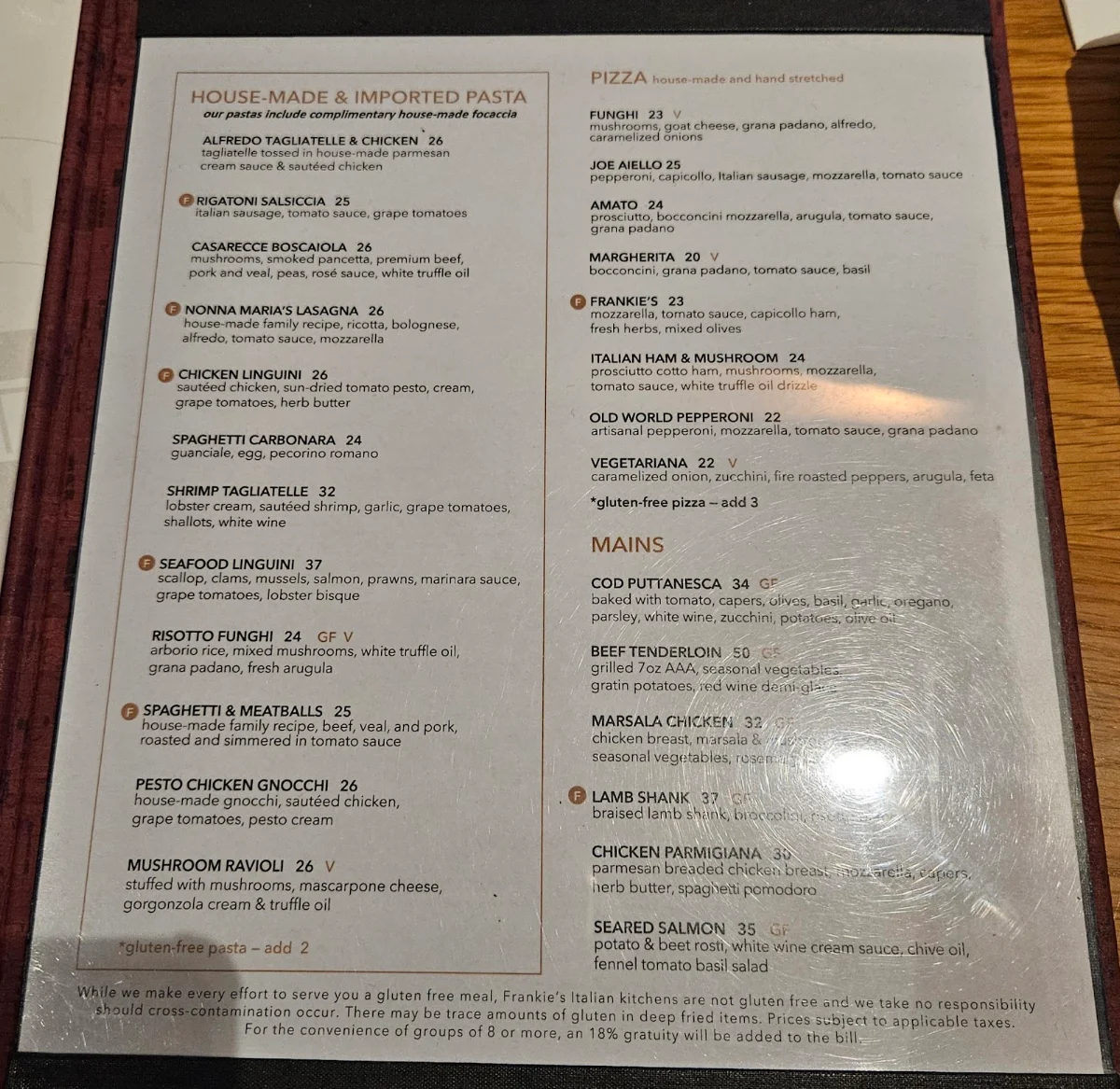 Menu, Frankie's Italian Winnipeg