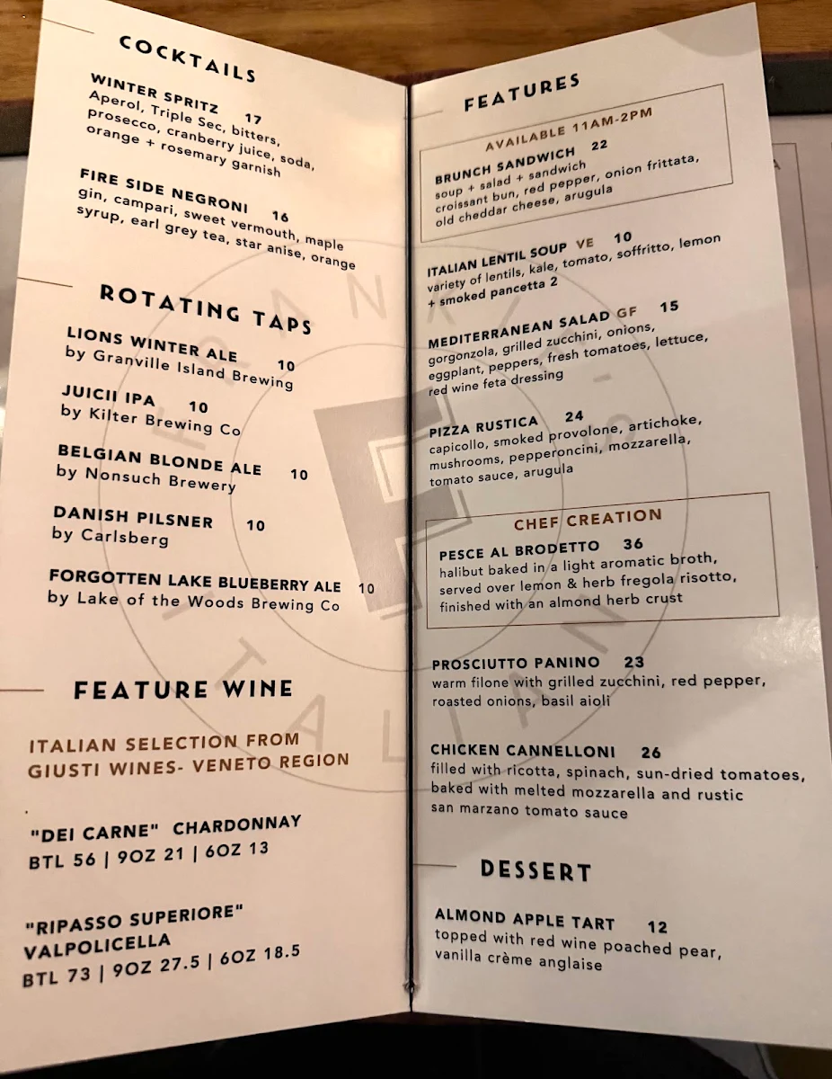 Menu, Frankie's Italian Winnipeg
