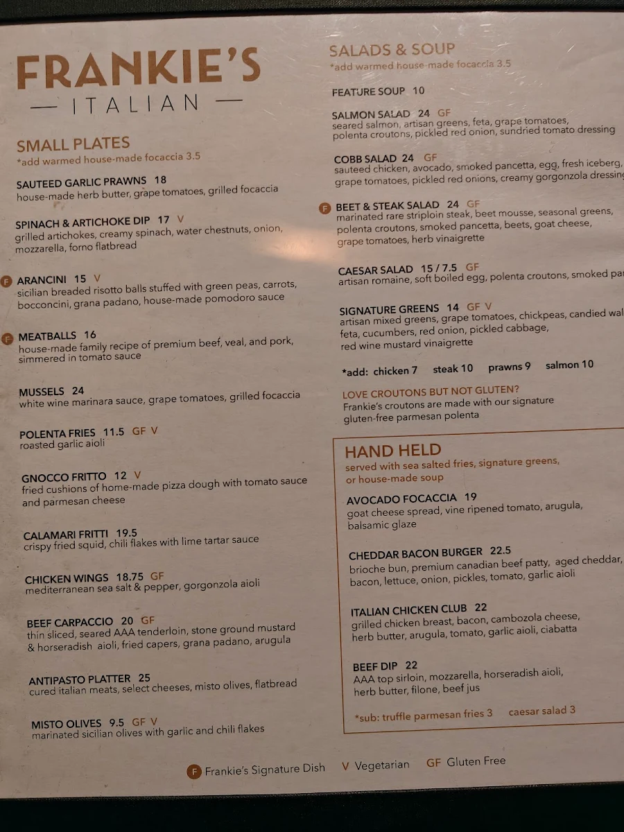 Menu, Frankie's Italian Winnipeg