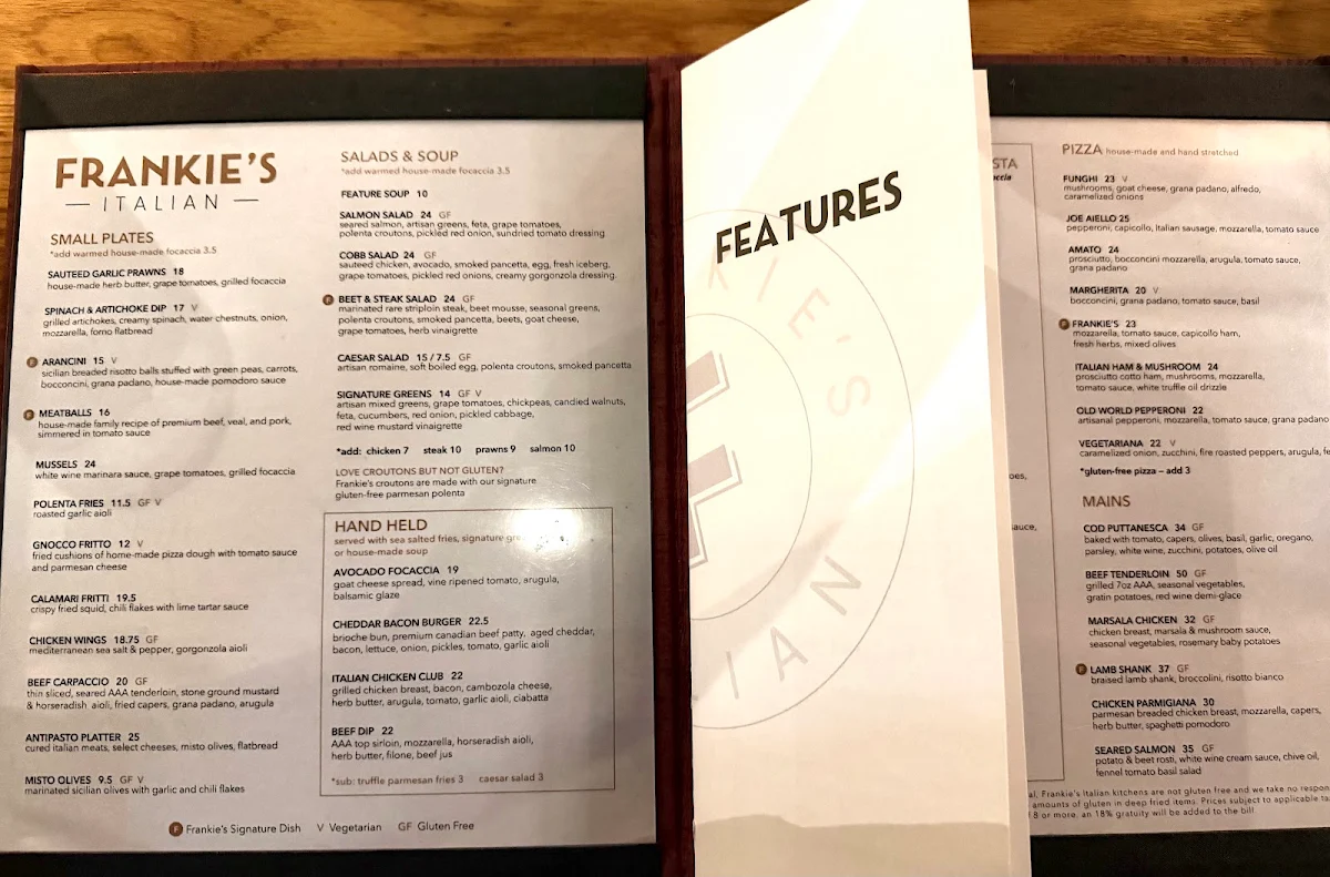 Menu, Frankie's Italian Winnipeg